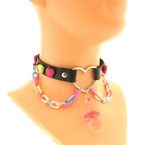 Vegan Leather Collar, Pastel Kawaii Emo Goth Choker, Necklace Collar cat kitten, Neko Heart Coker Plastic Chain O Ring Pendant Star pacifier