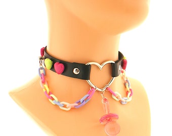 Vegan Leather Collar, Pastel Kawaii Emo Goth Choker, Necklace Collar cat kitten, Neko Heart Coker Plastic Chain O Ring Pendant Star pacifier