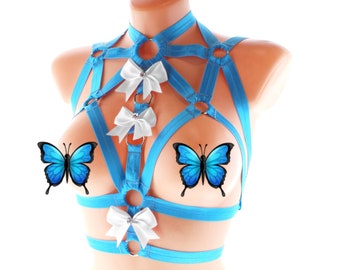 fashion women harness blue white elastic strappy open top lingerie chest top stretch ribbon body cage ring fashion pastel minimalist belt