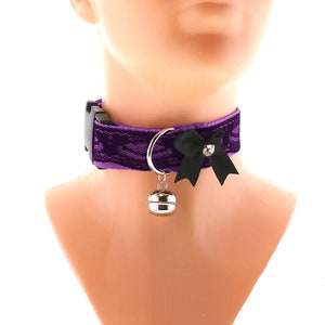 Kitten petplay buckle collar choker bell purple black lace satin bow sturdy collar for play d ring collars more colors and sizes handmade