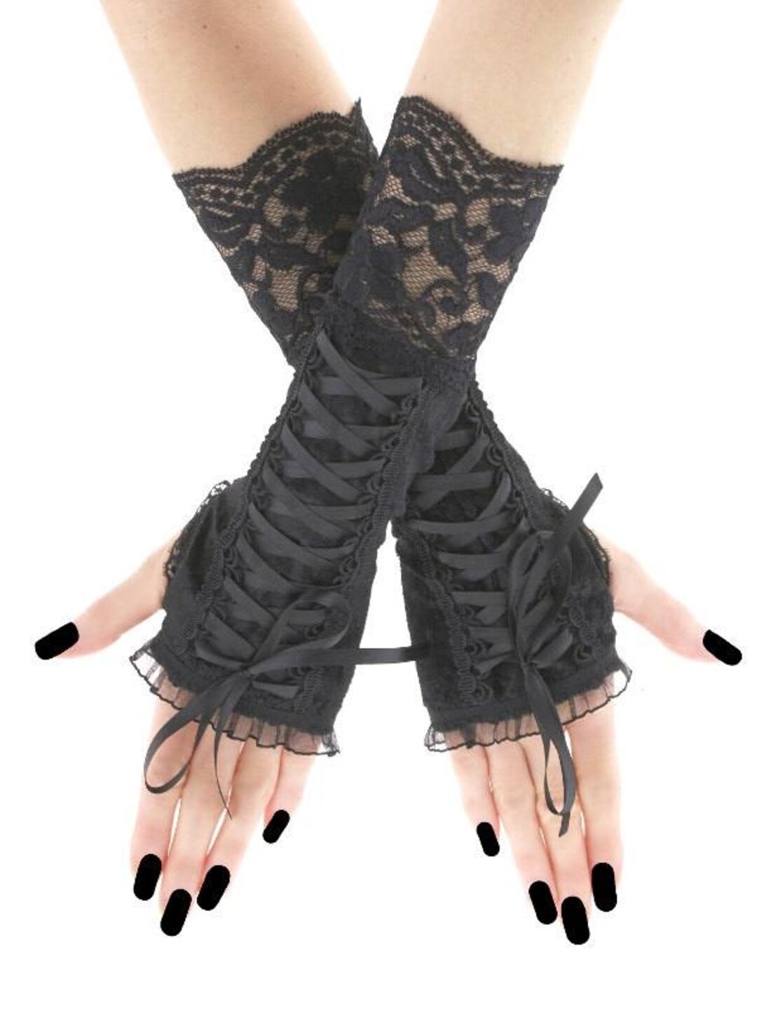 00s archive civarize lace arm warmers v系 Black Lace Corset Gloves, Gothic Fingerless Arm Warmers, XS to XL