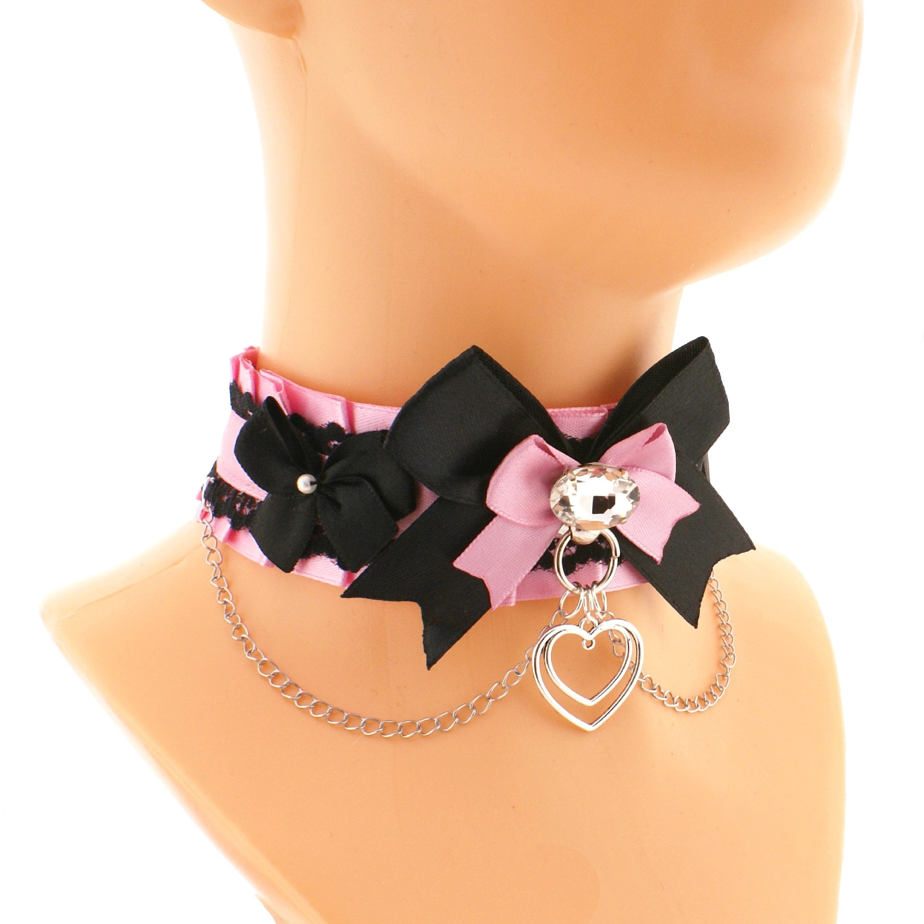 Pink Black Lace Kitten Collar, Padded Satin Bow, Rhinestone Charm 