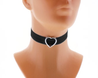 Choker necklace black elastic silver heart decoration