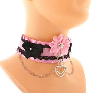 Pink black romantic collar choker chain, satin lace bow with flower o ring with heart pendant neko kawaii cute jewelry handmade gifts