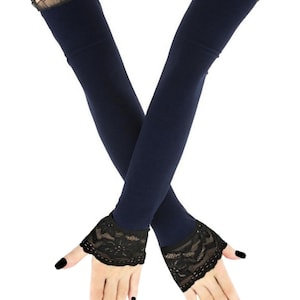 Navy Lace Fingerless Opera Gloves: Extra Long Evening Costume