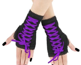 Gothic Fingerless Gloves | Corset Laced Arm Warmers, Black Elastic Wrist Mittens