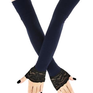 Navy Lace Fingerless Opera Gloves: Extra Long Evening Arm Warmers