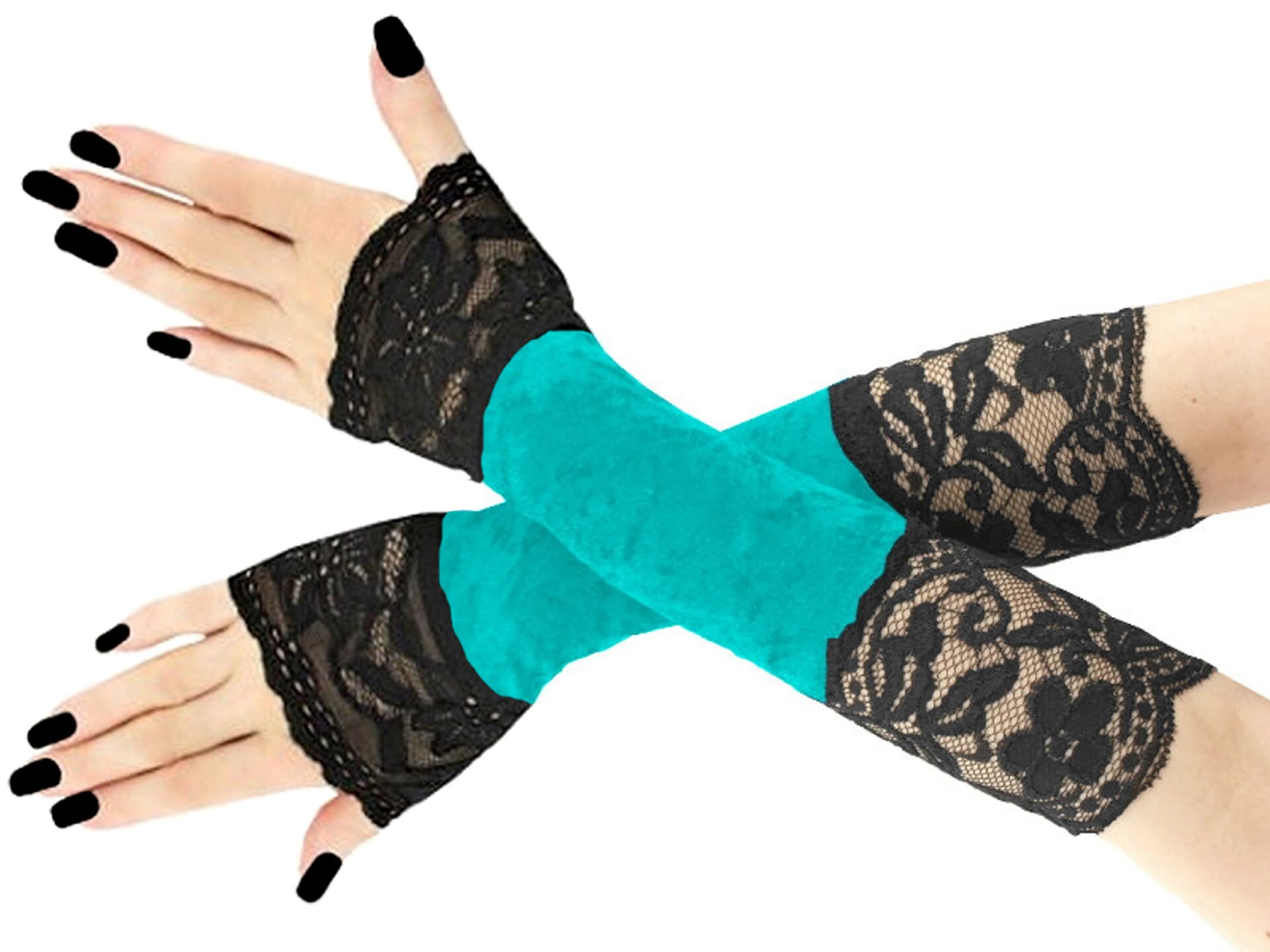 Schwarze Samt Spitze Fingerlose Handschuhe Abend, G Produktbild-Vorschau 11