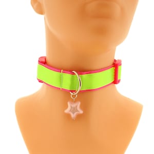 Neon pink green kitten pet play buckle collar choker satin proof sturdy collar for play d ring with star puppy play all sizes