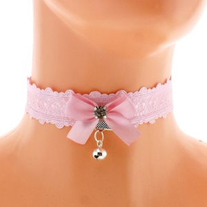 satin lace choker necklace with bow and bell neko girls princess lolita kawaii handmade I have several colors and sizes