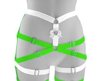 Harness Panty Neon Green White, Elastic Belt Satin Bow Heart, XS-XL, Handmade Adjustable Dance Outfit, Festival Strappy Bottom, Kawaii Gear