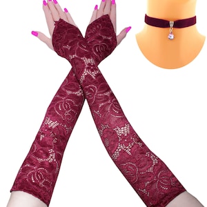 2pc Set, Burgundy Lace Fingerless Gloves & Velvet Choker, 20" Long 3D Stretch Opera Sleeves, Goth Aesthetic, Lilac Glass Charm, Evening Gift