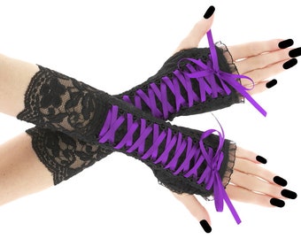 Black purple women gloves, black fingerless mittens, warmers gothic gloves, elbow length goth gloves cosplay costume lacing corset