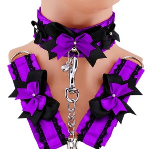 Set kitten petplay purple black satin lace collar chain leash cuffs choker bracelet necklace bow kawaii princess puppyplay petplay costume