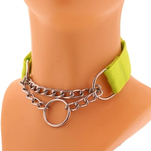 Neon Slip Chain Choker Nylon Solid Collar with Chain and O-Ring, Booklet Necklace Collar with O-Ring Handmade Punk Custom More Sizes