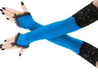 Blauwe extra lange opera vingerloze handschoenen, dames armwarmers, ellebooglengte handschoenen, blauwe armmouwen, elegante formele kostuumhandschoenen, handgemaakt