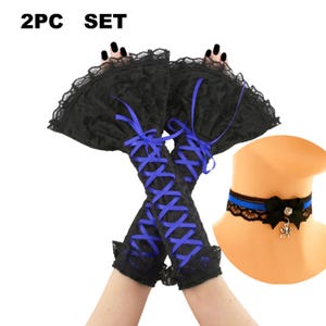 May include: A black lace and satin set, including fingerless gloves with blue ribbon lacing and a choker necklace with a black bow and spider charm. The text "2PC SET" is at the top.
