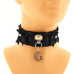 Black satin choker, kitten pet play collar, goth collar, alt fashion, emo accessories, pet play necklace pendant moon with a cat