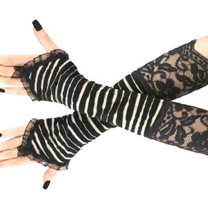 Gants noirs pour femmes à rayures, sans doigts, longs, costume glamour longueur coude, dentelle élastique, vêtements romantiques élégants image 7