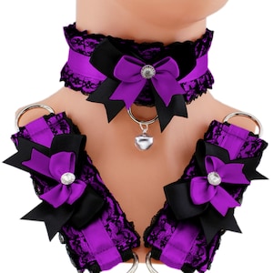 kitten pet play set collar cuffs bell purple satin lace pastel gothic goth costume choker bracelet cosplay necklace kawaii puppyplay petplay