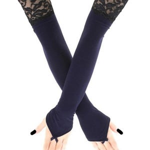Navy Dark Blue Fingerless With Lace Quality Extra Long Opera Length Wedding Rave Disco Dance Drag Evening Prom Party Halloween Costume Women