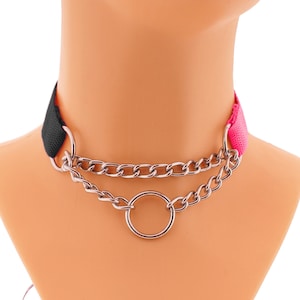 Slip Chain Choker Nylon Solid Collar with Chain and O-Ring, Booklet Necklace Collar with O-Ring Handmade Goth Punk Custom More Sizes