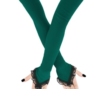 Extra Long Lace Fingerless Gloves: Green & Black Opera Arm Warmers