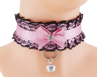 Pink black kitten pet play collar satin lace choker necklace with ring bow and bell kawaii neko princess handmade, made to order size