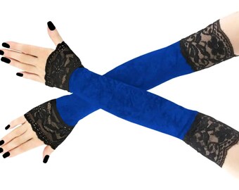 Zwart kant blauw fluwelen dameshandschoenen extra lang over elleboog vingerloze dames gotische goth armwarmers formele avond opera mouw handgemaakt