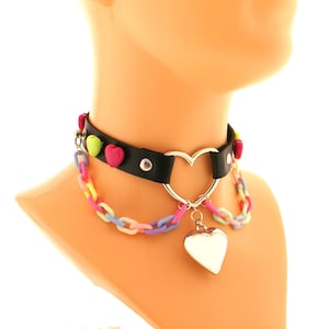 Vegan Leather Collar, Pastel Rainbow Kawaii Emo Goth Choker, Necklace Collar cat kitten, Neko Heart Coker Plastic Chain O Ring Pendant Heart