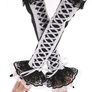 Extra lange Gothic Damen Handschuhe Fingerlose Handschuhe Armstulpen über Ellenbogen Förmlich Schwarz Weiß Handschuhe Abend Schnürung Korsett