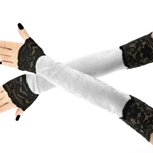Black lace velvet women gloves extra long over elbow fingerless womens gothic goth arm warmers formal evening opera sleeve handmade