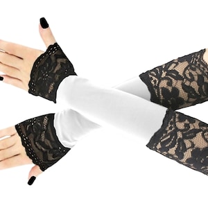 Black white womens gloves striped evening fingerless long warmers costume glamour elbow length elastic lace elegant romantic clothing
