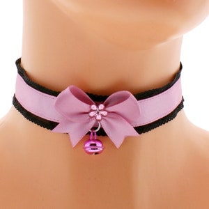 Pink satin black lace choker necklace with bow and bell neko girls princess lolita kawaii handmade I have several colors all sizes