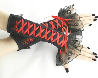 Gothic womens fingerless gloves black red evening gloves long warmers gloves elbow length gloves goth womens lacing corset costume