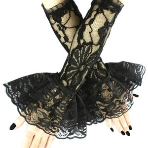 Black Lace Fingerless Gloves: Ruffled Gothic Arm Warmers