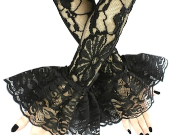 Guantes negros sin dedos de encaje con volantes, calentadores de brazos góticos hasta el codo, mangas de noche estilo vampiro, artículos de boda hechos a mano en tallas grandes XS-3XL