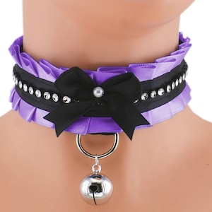 Collier de jeu chaton en satin lilas : tour de cou cloche, Neko Cosplay