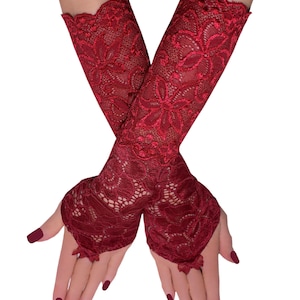 Red Lace Fingerless Gloves: Handmade Evening Wrist Cuffs