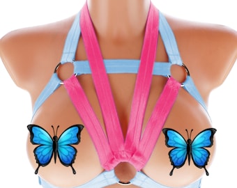 Fashion body women harness blue pink neon uv glowing open top elastic strappy lingerie chest top stretch ribbon cage ring fashion pastel