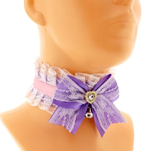 Pink & Purple Satin Lace Choker Kawaii Neko Collar with Bell Necklace Handmade