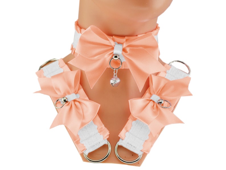 kitten petplay set choker collar and bracelet set cuffs bell satin bow lace white pastel costume cosplay kawaii princess neko