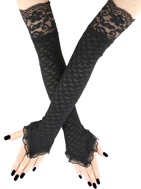 Evening Trim Lace Fingerless Opera Gloves Extra Long Black Arm