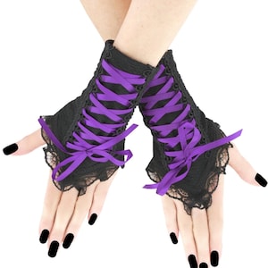 Womens black purple gloves fingerless, wrist warmers goth evening formal glove goth gothic costume lacing corset short emo
