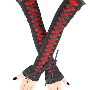 Schwarz rote Handschuhe, Gothic Damen Armstulpen Armstulpen, Ärmel Kostüm Schnürung Korsett Handschuhe über Ellenbogen extra lang