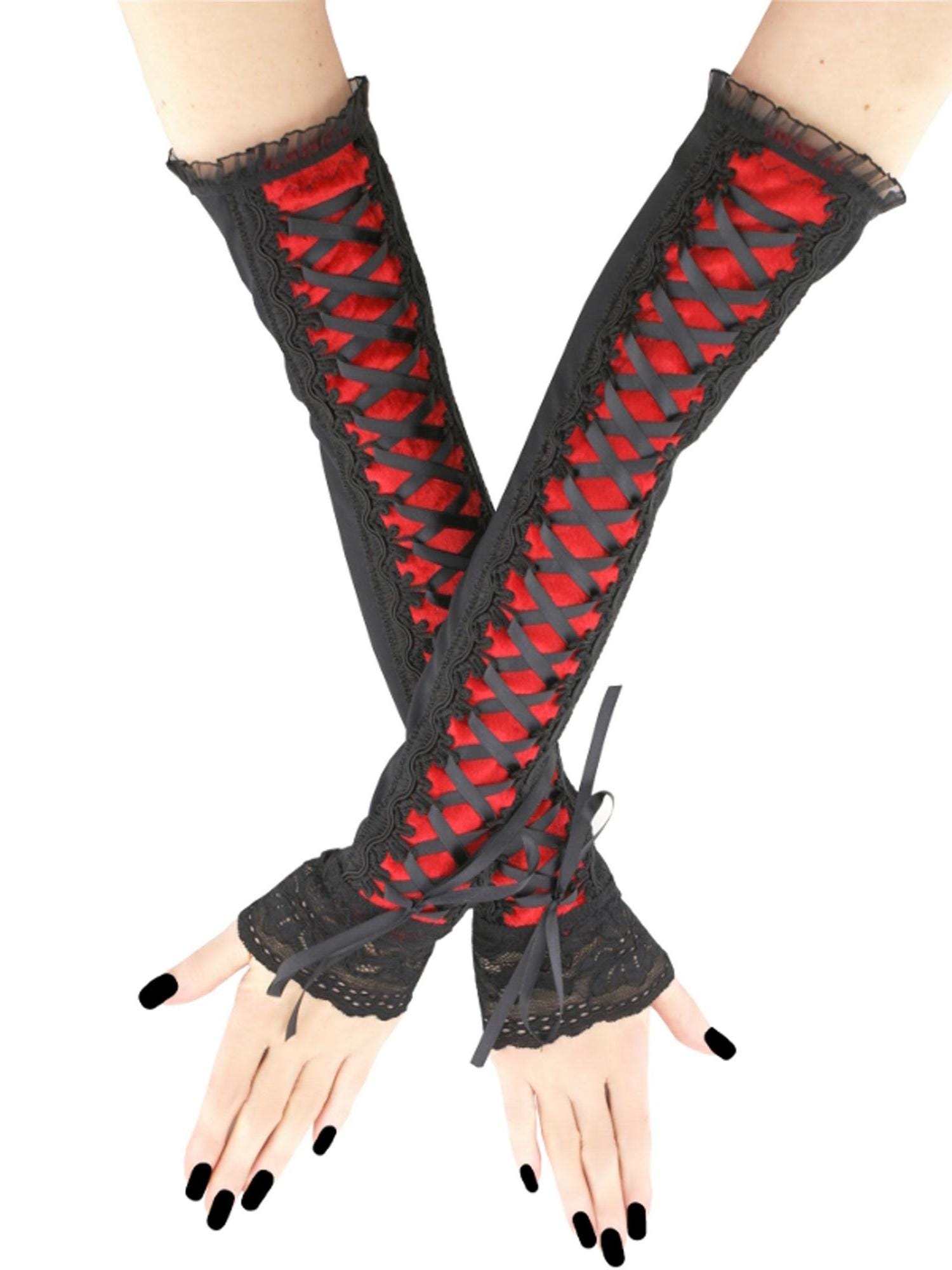 Extra Long Black Lace & Red Velvet Corset Gloves, 20 Inch Gothic