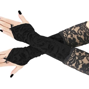 Gants femme noir blanc rayé sans doigts longs chauffe-déguisement glamour longueur coude dentelle élastique élégant vêtement romantique Noir