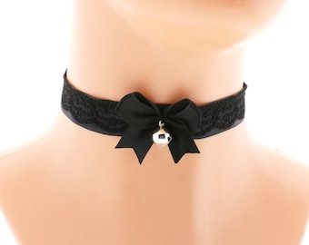 Black Satin Lace Choker: Handmade Bow Bell Collar