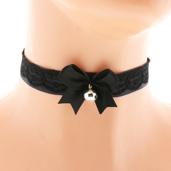 Black satin lace choker necklace with lace bow and bell handmade I have several colors and sizes made to order