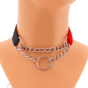 Slip Chain Choker Nylon Solid Collar with Chain and O-Ring, Booklet Necklace Collar with O-Ring Handmade Goth Punk Custom More Sizes